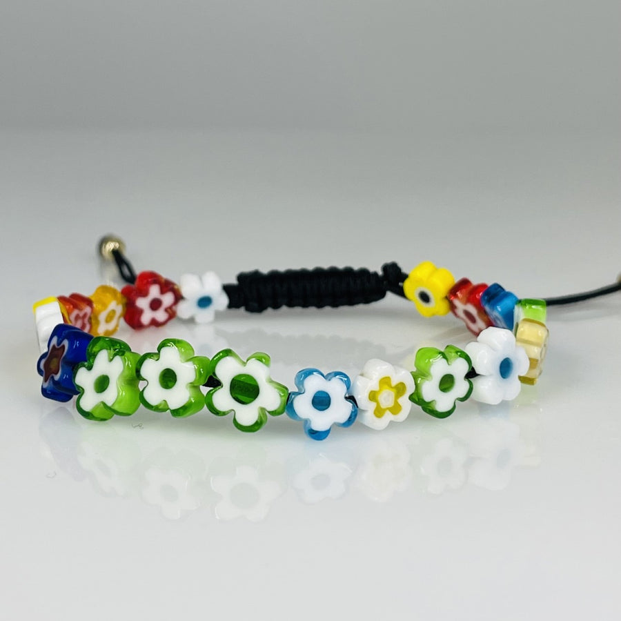 14K Yellow Gold Multicolor Flower Glass Beaded Bracelet