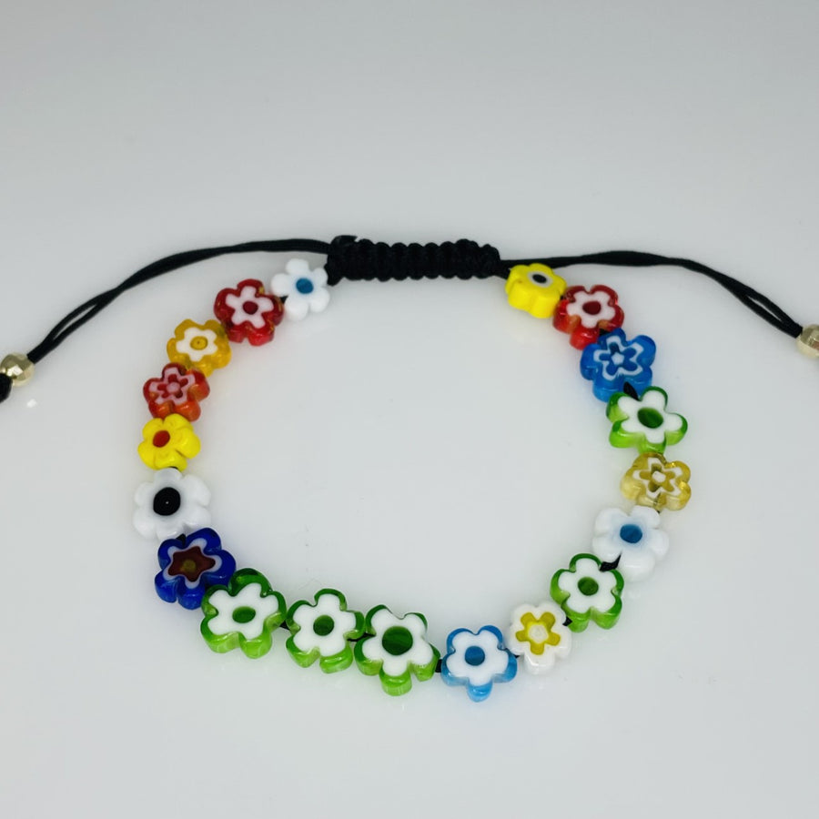 14K Yellow Gold Multicolor Flower Glass Beaded Bracelet