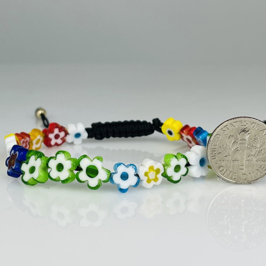 14K Yellow Gold Multicolor Flower Glass Beaded Bracelet