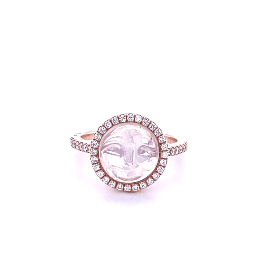 14K Rose Gold Rainbow Moonstone Moon Face Diamond Ring 10mm