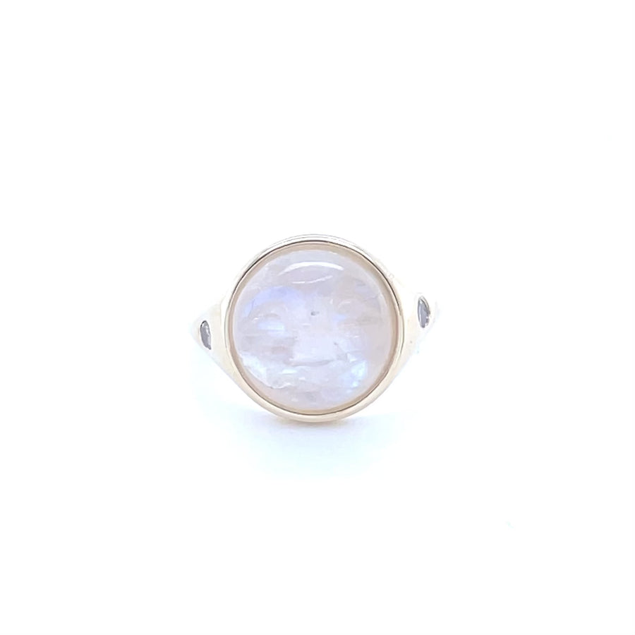 14K Yellow Gold Rainbow Moonstone Man In The Moon Diamond Ring