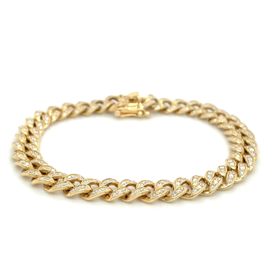 14K Yellow Gold White Diamond Cuban Chain Bracelet 2.00ct