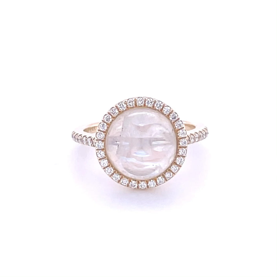 14K Yellow Gold Rainbow Moonstone Moon Face Diamond Ring 10mm