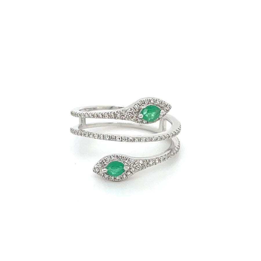 14K White Gold Emerald Diamond Snake Ring 0.27/0.25ct