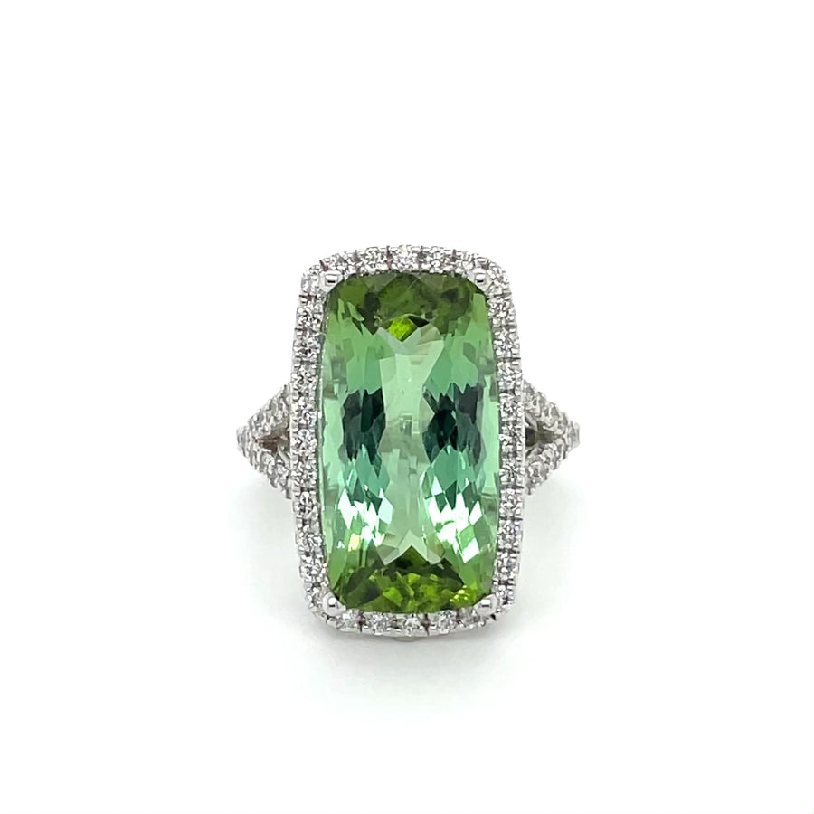 14K White Gold Green Tourmaline Diamond Ring 12.50ct/0.93ct