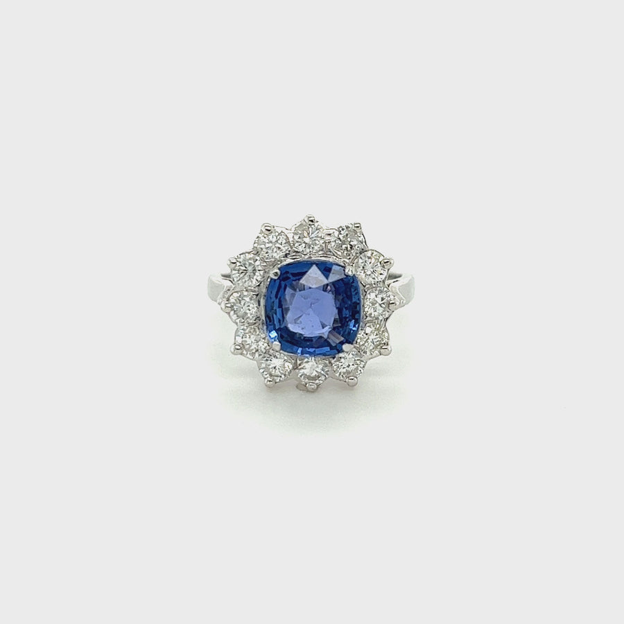 18K White Gold Blue Sapphire and Diamond Ring 2.33/1.10ct